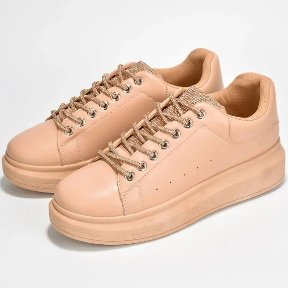 Sale Nude Rose Gold Rhinestone Shoe Lace Rope Sneakers - Picture 3 of 7